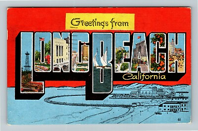 #ad Long Beach CA California LARGE LETTER Greetings c1951 Vintage Postcard $7.99