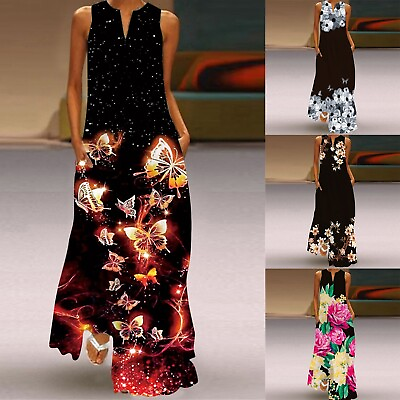 #ad #ad Loose Sleeveless Sundress Long Maxi With Pockets Dress V Summer Neck Boho Print $24.52