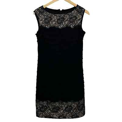 #ad Adrianna Papell Black Cocktail Dress Size 6 Tiered Shift Sleeveless Floral Lace $22.50