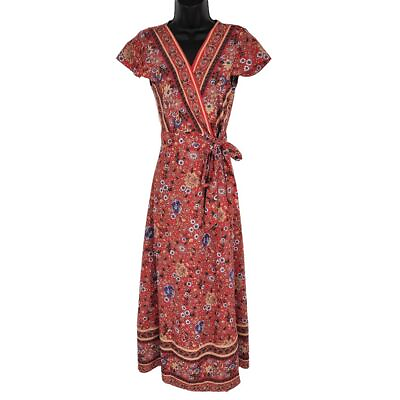 #ad True Wrap Floral Maxi Dress S Colorful Red Flutter Sleeve Lightweight Unbranded $24.83