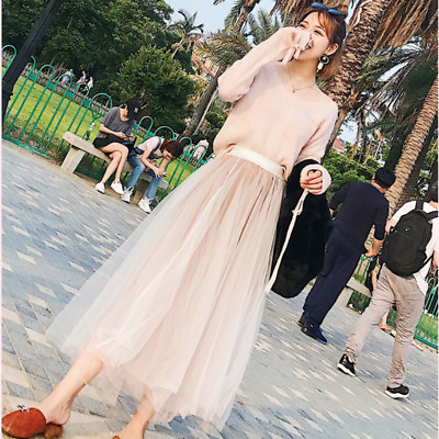 Lady Sweater amp; Skirt Sets V Neck Loose Beach Pleated Fairy Tulle Dress Pink Cute $36.31