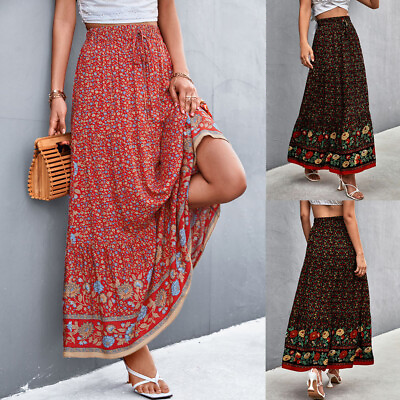 #ad Women#x27;s Elasticated Waist Ladies Floral Gypsy Maxi Skirt Long Dress Summer Size $27.88