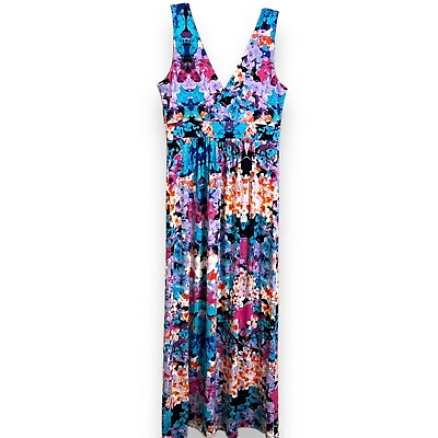 #ad Nicole by Nicole Miller Floral Maxi Dress Watercolor Abstract Artsy Stretch Sz M $29.99