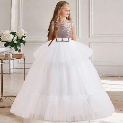 #ad Sequin White Tulle Girls Dress Bridemaid Princess Kids Party Bow Wedding Dresses $28.99