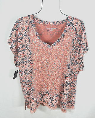 #ad Lucky Brand Women#x27;s Shirt XL Pink Peach Floral Print V Neck Boho Top Blouse NWT $34.99