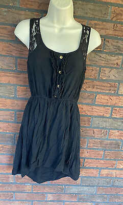 Sleeveless Black Dress Small Elastic Waist Lace Bodice Back Button High Low Hem $5.00