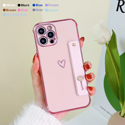 Cute Love Heart Plating Case For iPhone 14 13 Pro Max 12 11 XS XR 87 Wrist Strap $8.60