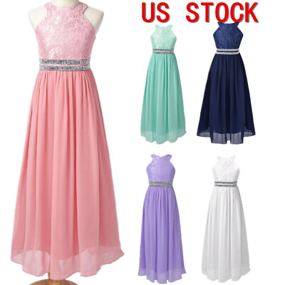 US Kids Flower Girl Dress Wedding Party Chiffon Dresses Floral Lace Maxi Gowns $21.99