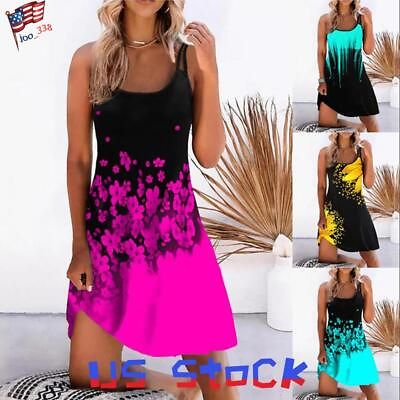#ad Women Floral Strappy Tank Dress Summer Boho Holiday Beach Casual Mini Sundress $19.09