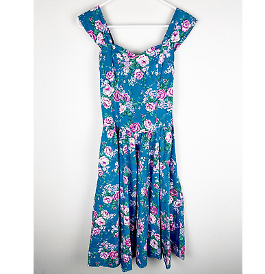#ad Royal Creations Hawaii Sundress Medium Teal Floral Pink Flare Vintage Pockets $29.25