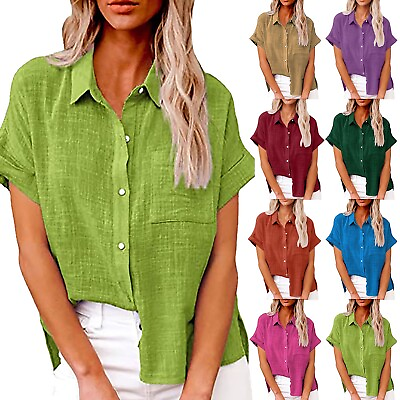 #ad Womens Cotton Linen Casual Blouse Ladies Button T Shirt Short Sleeve Tunic Tops $18.59