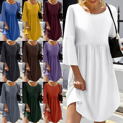 #ad Women Sundress Long Sleeve Summer Midi Dress Ladies Party Baggy Crew Neck $24.99