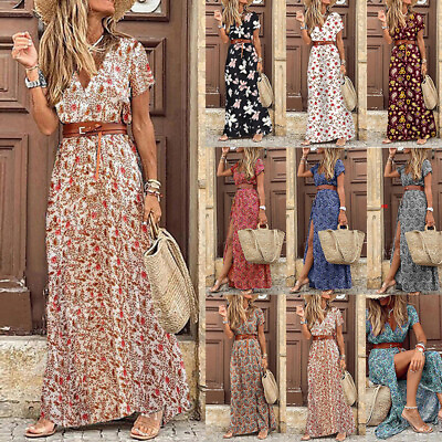 #ad Womens V Neck Floral Dress Holiday Ladies Beach Boho Maxi Dress Fashion Summer $16.16