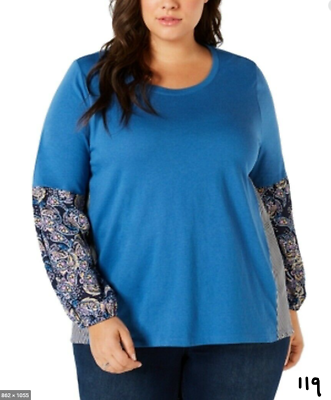 Style Co Plus Women Blue Floral Paisley Striped Balloon Sleeve Blouse Top OXamp;2X $9.45