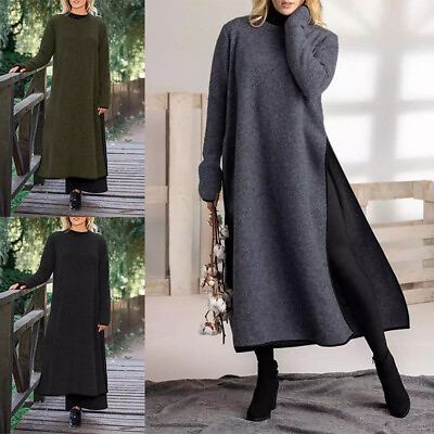Ladies Loose Long Sleeve Maxi Dresses Women Casual Slit Winter Sweatshirt Dress $28.99