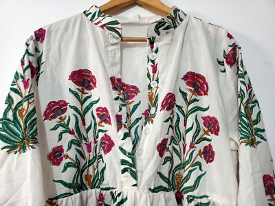 Floral Handblock Print Cotton Dress Sketer Circle Blousen Long Dress $31.17