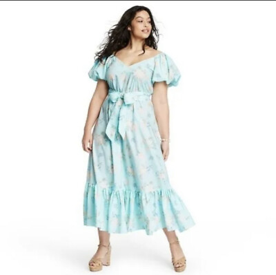 Love shack fancy For Target Estelle Puff Sleeve Dress Blue Size 16 Womens Floral $45.85