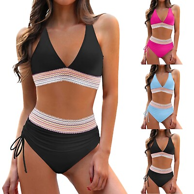 #ad #ad Women High Waisted Bikini Sets Swimsuits Color Block Two Piece Drawstring $15.73