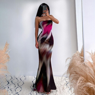 #ad Women Tie Dye Strapless Bodycon Maxi Dress Off Shoulder Beach Party Long Dresses $19.99