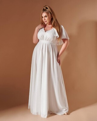 #ad Plus size White Floor Length Maxi Dress with Short Butterfly Sleeves $135.00