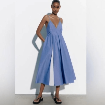 #ad Zara Poplin Blue Pinstriped Fit amp; Flare Midi Summer Dress XS $45.00