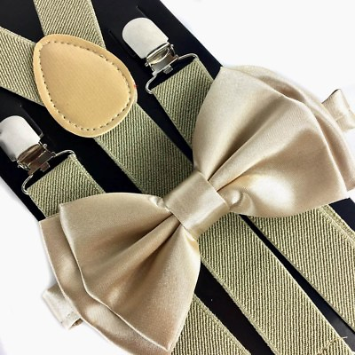 Beige Suspender and Bow Tie Set Wedding Formal for Adults Men Women USA $9.99