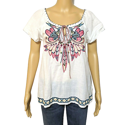 #ad #ad Forever 21 PS White Embroidered Peasant Top Blouse Short Sleeve Boho Petite S $25.88