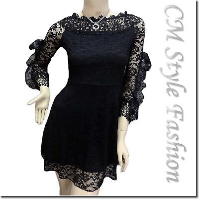 #ad Wide Neckline Sexy Lace Ruffled Little Black Dress XS $16.99