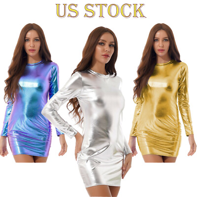 Women#x27;s Shiny Leather Strap Mini Bodycon Dress Slim Pencil Dresses Clubwear $15.95