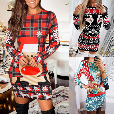 #ad Women Ladies Christmas Bodycon Jumper Dress Santa Long Sleeve Party Mini Dress $21.59
