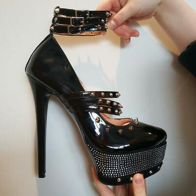 Plus Nightclub Womens Heel Studded High Heels Ankle Strap Pumps Evening Party $97.06