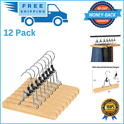 #ad 12 Pack Natural Wooden Pants Hangers with Clips Non Slip Skirt Hangers Trouser $25.79
