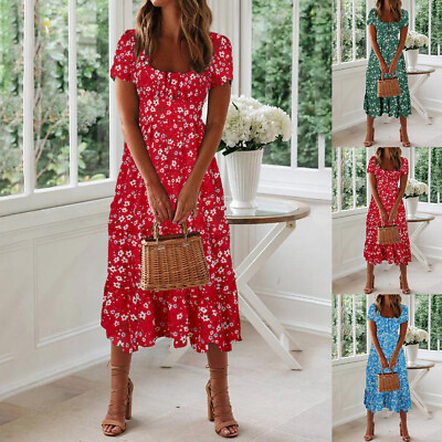 #ad Women Boho Floral Midi Dress Summer Ladies Holiday Beach Party Loose Sun Dress $20.70