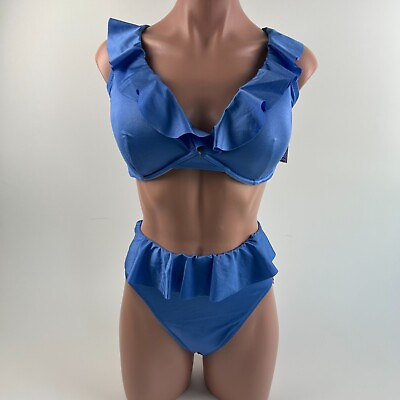 #ad Victoria#x27;s Secret Swim Padded Ruffle Bikini Top amp; Bottom Set Blue 36DDD L NWT $49.99