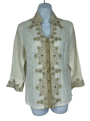 Carole Little Long Sleeve V Neck Embroidered Beaded Linen Button Up Blouse Sz S $29.99