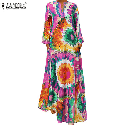 ZANZEA Women#x27;s Floral Maxi Dress V Neck Baggy Kaftan Loose Fit Long Dress Tunic $20.61