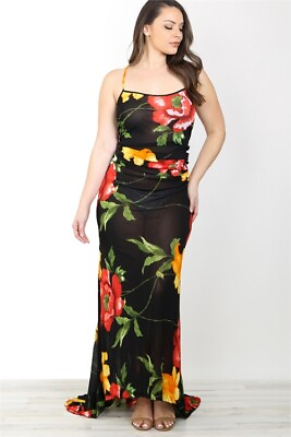 #ad Womens Plus Size Black Floral Cami Maxi Dress 1XL Sheer Long Summer Travel $29.95