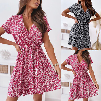 #ad Womens Boho Floral V Neck Mini Dress Ladies Summer Holiday Beach Swing Sundress $20.39