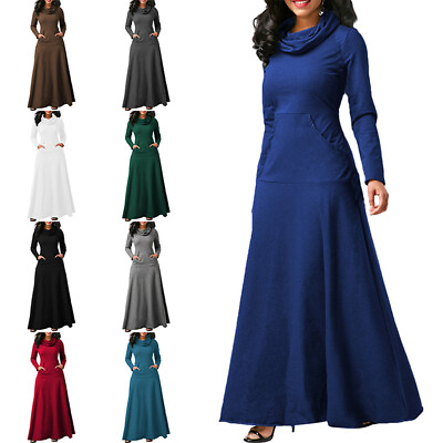 #ad Womens Casual Pocket Maxi Dress Ladies Long Sleeve High Neck Pullover Dresses $22.17
