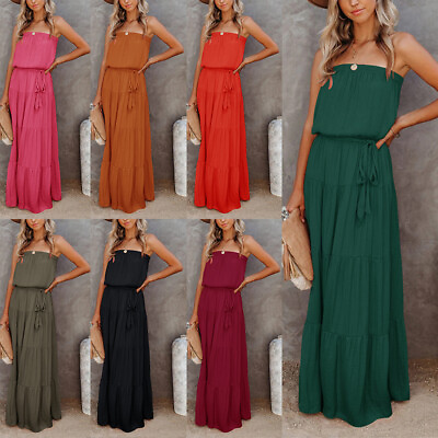 Women#x27;s Long Maxi Dress Strapless Tube Top Bandeau Summer Sleeveless Sundress $28.19