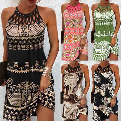 Ladies Summer Beach Boho Dresses Sundress Holiday Hollow Halter Neck Mini Dress $13.90