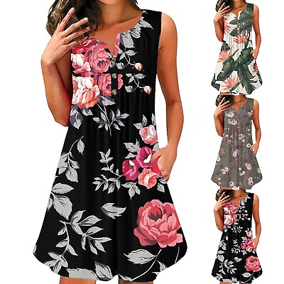 Womens Fashion Casual Sleeveless Round Neck Button Short Summer Maxi for Women $20.02