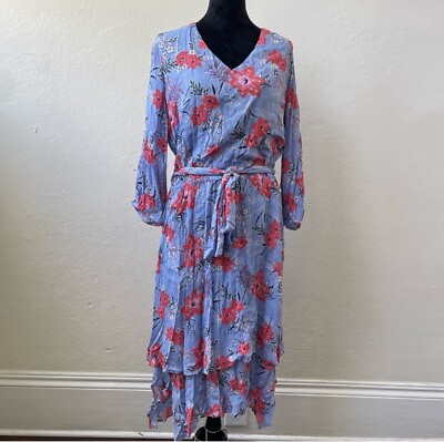 #ad J.Jill Women’s Midi Hi Low Hem 3 4 Sleeve Floral Belted Tropical Summer Dress XL $21.00
