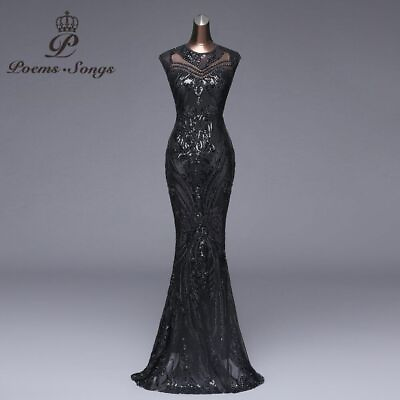 #ad Elegant Long Black Sequin Evening Dress Robe Longue Prom Gown Formal Party Dress $91.03