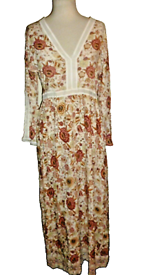 #ad Lucca Long Maxi Dress Crochet Lace Trim Rayon Floral Sleeve L Large $15.17