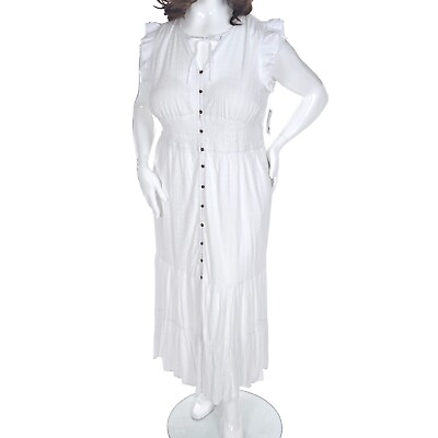 #ad SONOMA Women#x27;s PLUS SIZE 1X Smocked WHITE MAXI DRESS Ruffle Sleeve amp; Hem BUTTONS $35.09