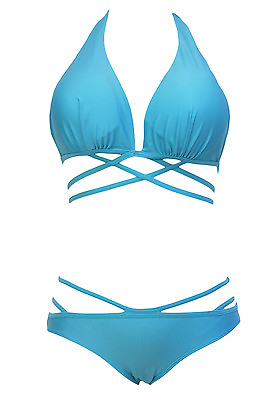 #ad Blue Luxury Strappy Halter Hipster Bikini Sets Small $11.99