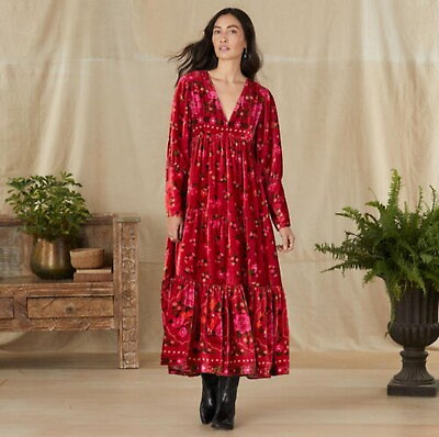 #ad #ad Farm Río Anthropologie Paramour Romantic Garden Velvet Red Floral Maxi Dress ... $250.00