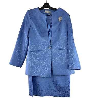 #ad Clarissa C 3Pc Suit Size 12 Blue Jacket Shell Skirt Church Evening Cocktail Midi $59.99