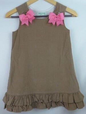 Lolly Wolly Girls Dress Brown Corduroy Size 6 Sleeveless Pink Bows Ruffles $21.95